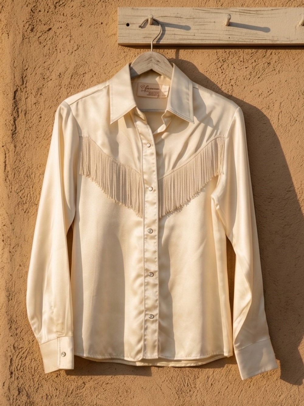 Vintage Silk Cream Fringed Satin Blouse with Western Yoke